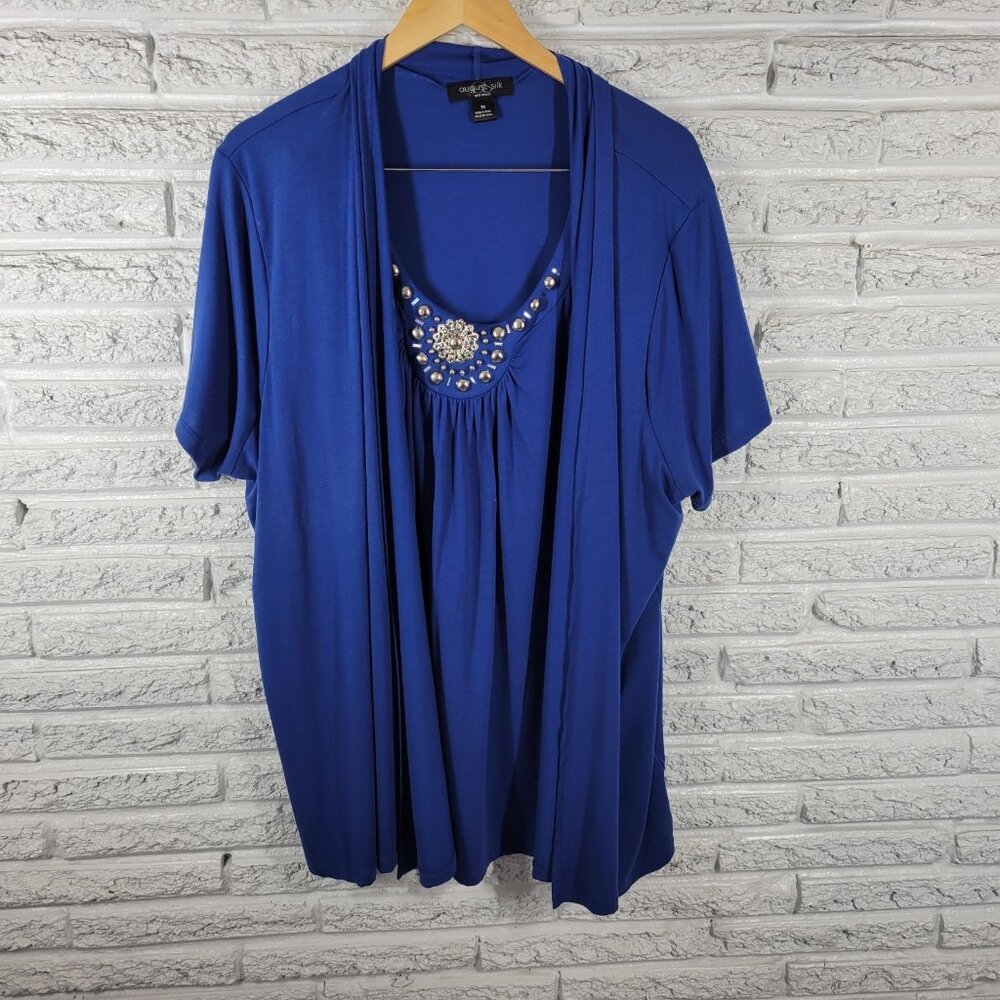 August Silk‎ 3X Plus Top Blue Tunic Blouse Studded Short Sleeve BLU177E